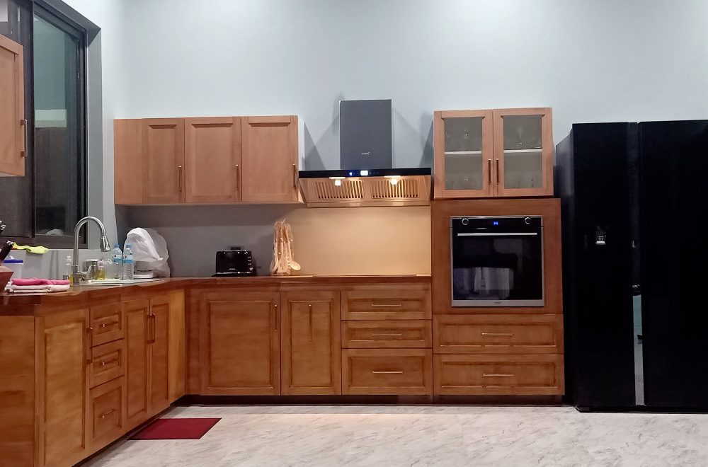 Custom built kitchen with teak counter top
